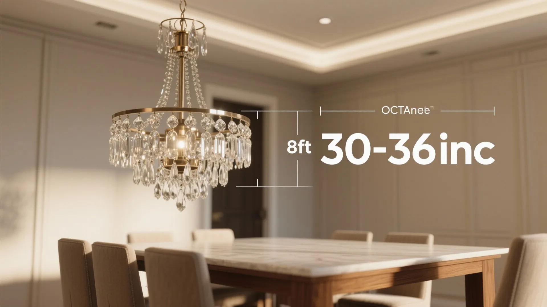Dining room interior design drawing showing crystal ceiling light height measurements over a marble table