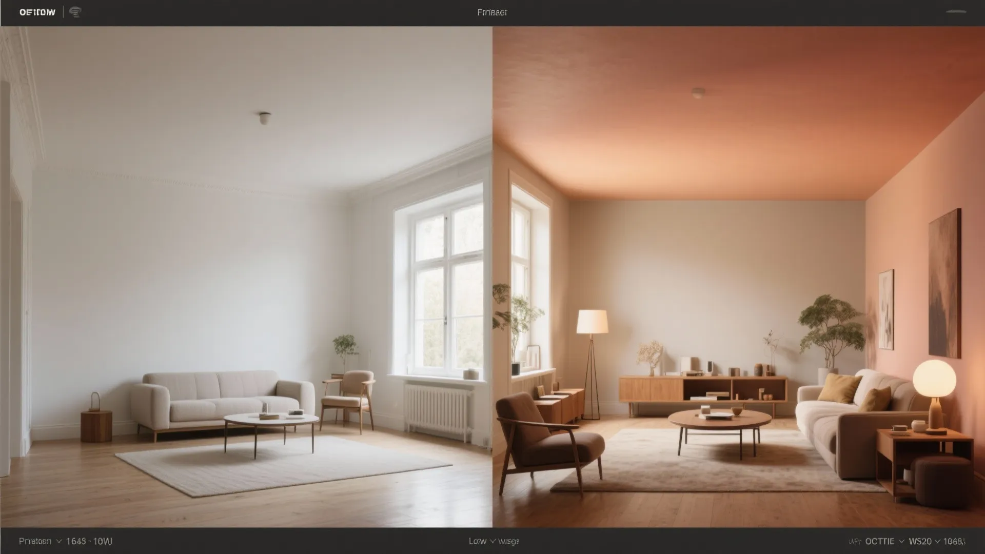 Side by side living room comparison showing white walls versus pink walls and orange ceiling