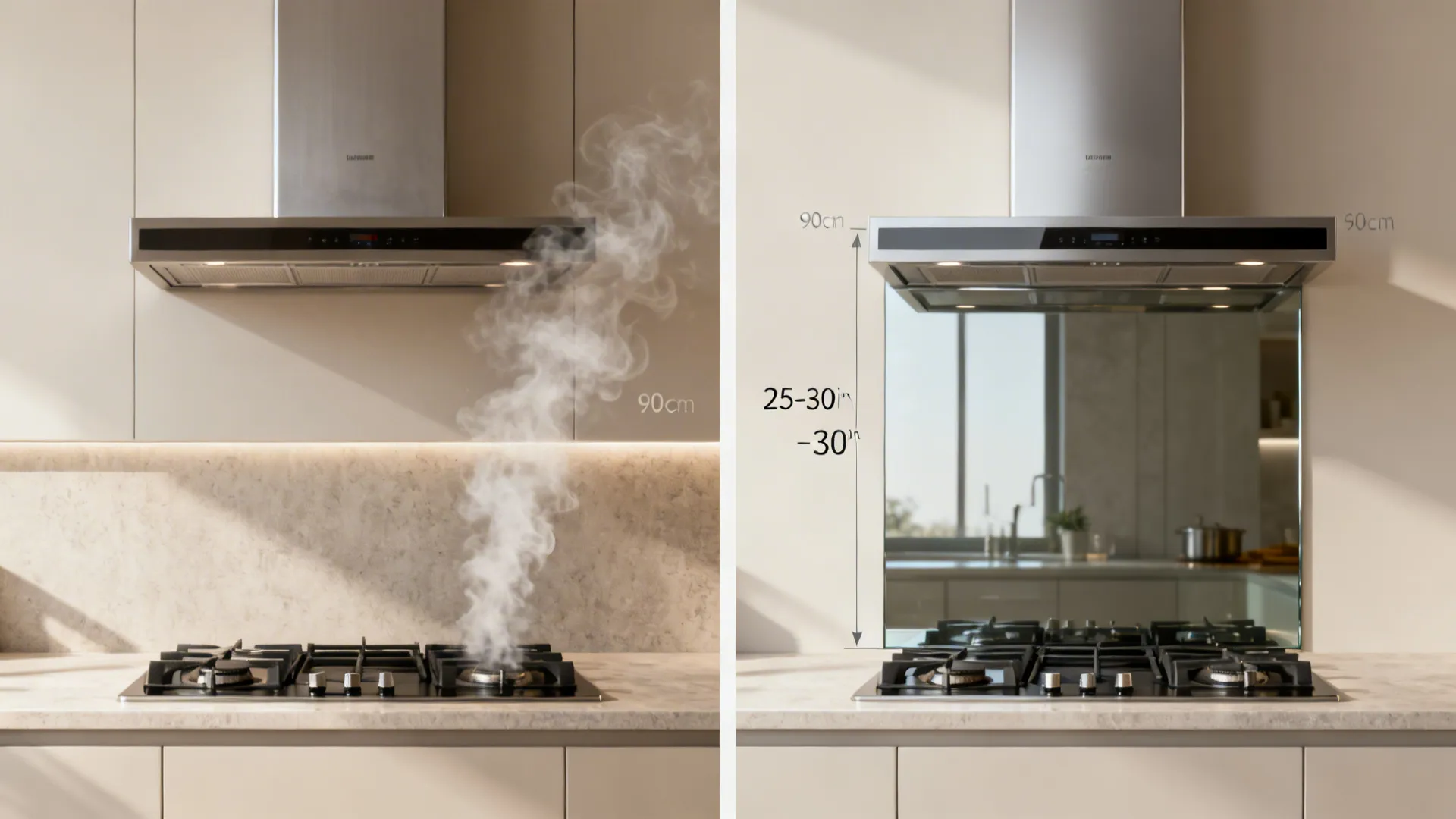 Before-and-after comparison of chimney height and width alignment over the hob.