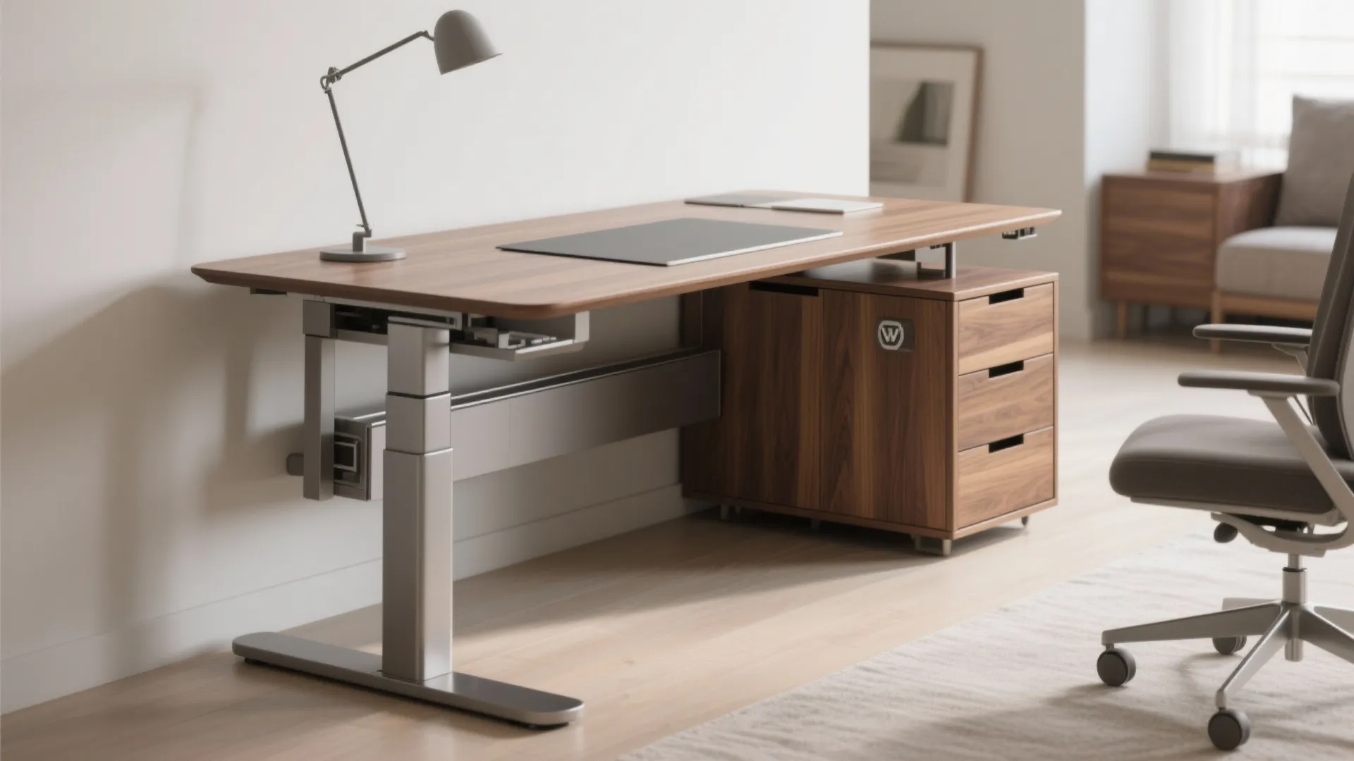 Height adjustable desk with hidden side storage in a modern office