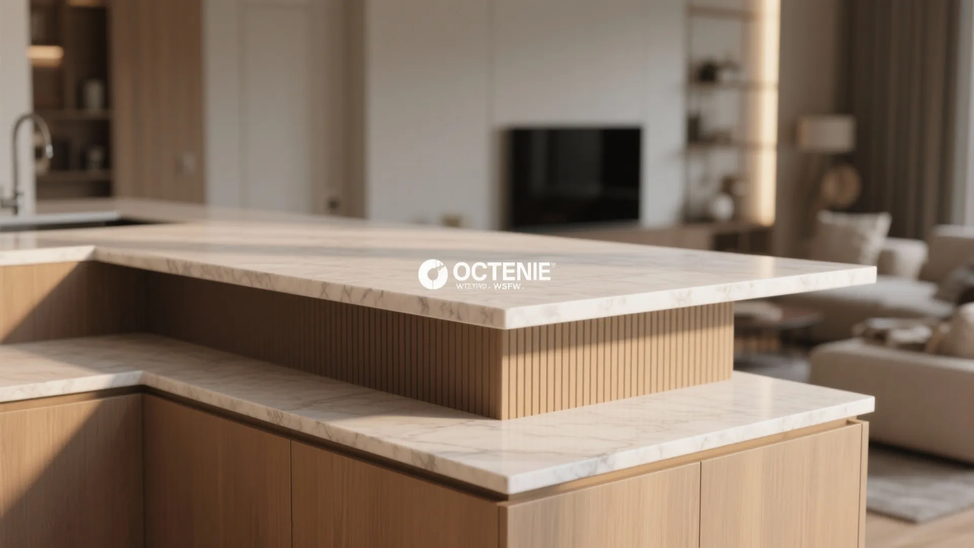 Modern kitchen island with marble countertop and wood panel detailing in a bright open living space