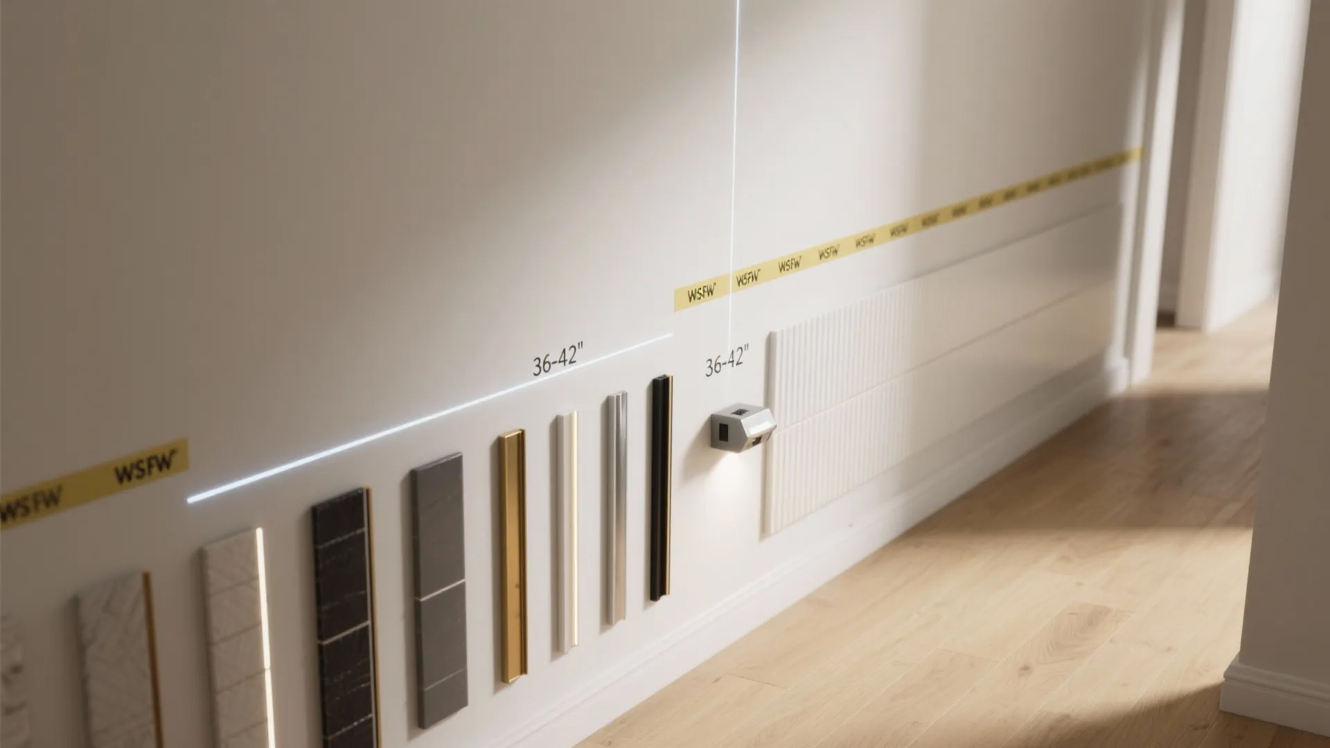 Wall display showing various metal trim samples and height measurements for interior wall panel installation