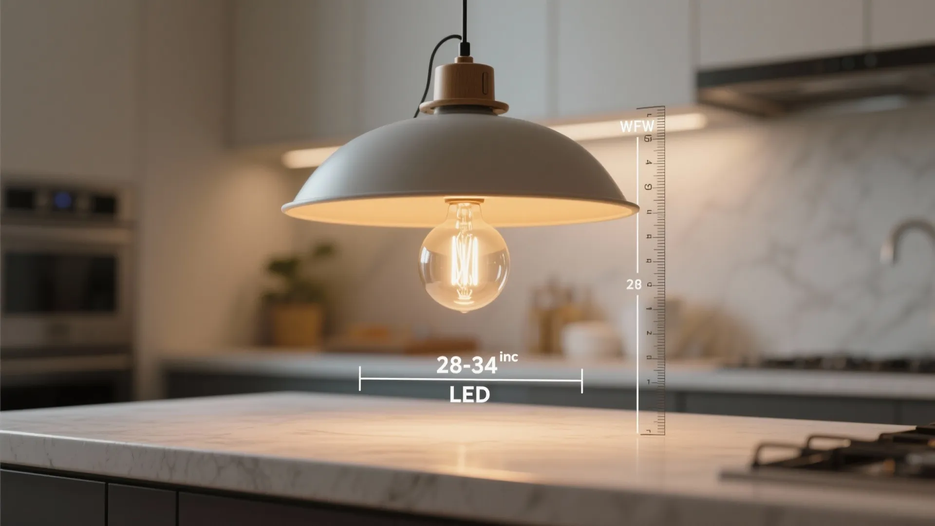 Pendant light with ruler indicating 28–34 inches from countertop as a height guide over an island.