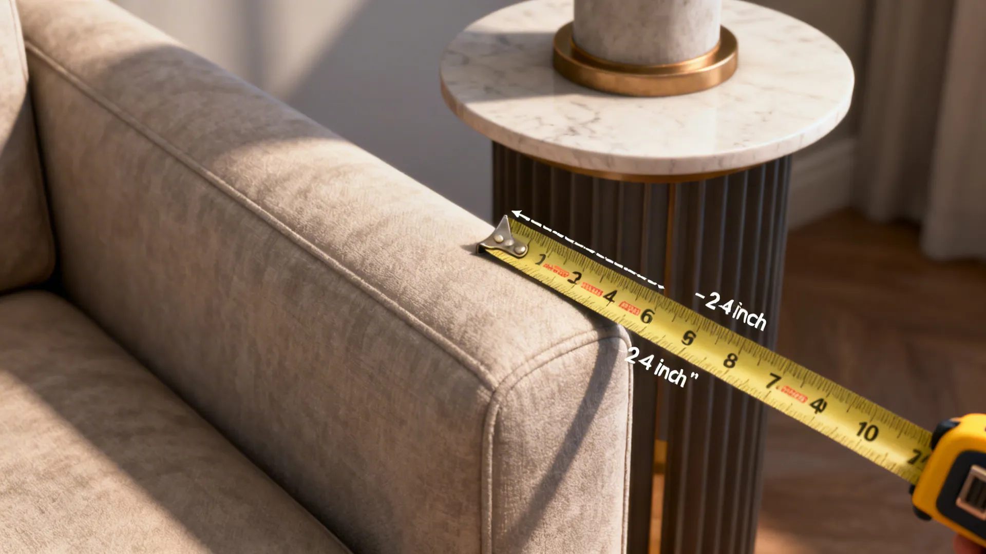 Yellow tape measure measuring twenty four inch height of a beige sofa arm in sunlight