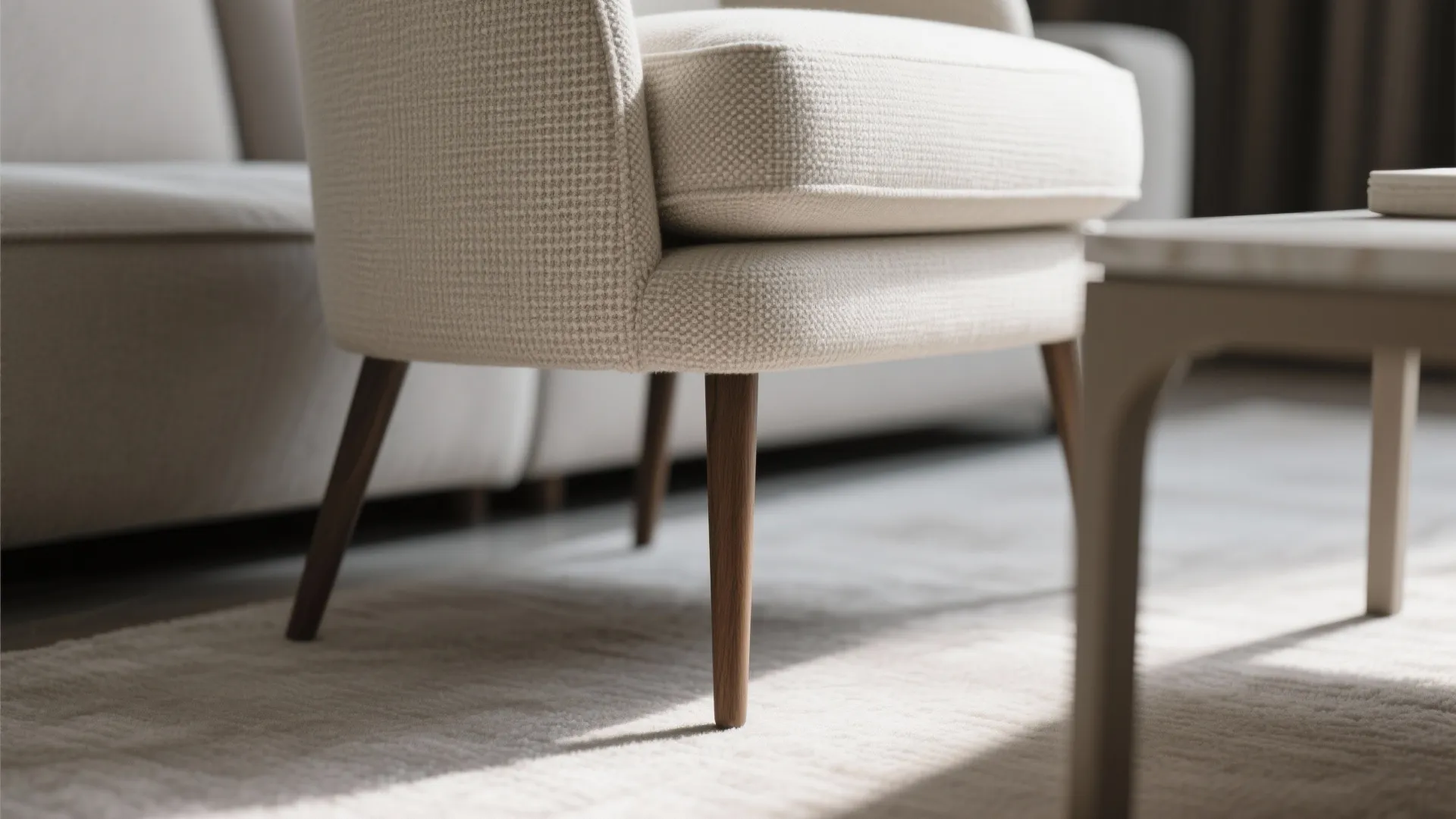 Low-profile sofa + tall-back chair for layered heights