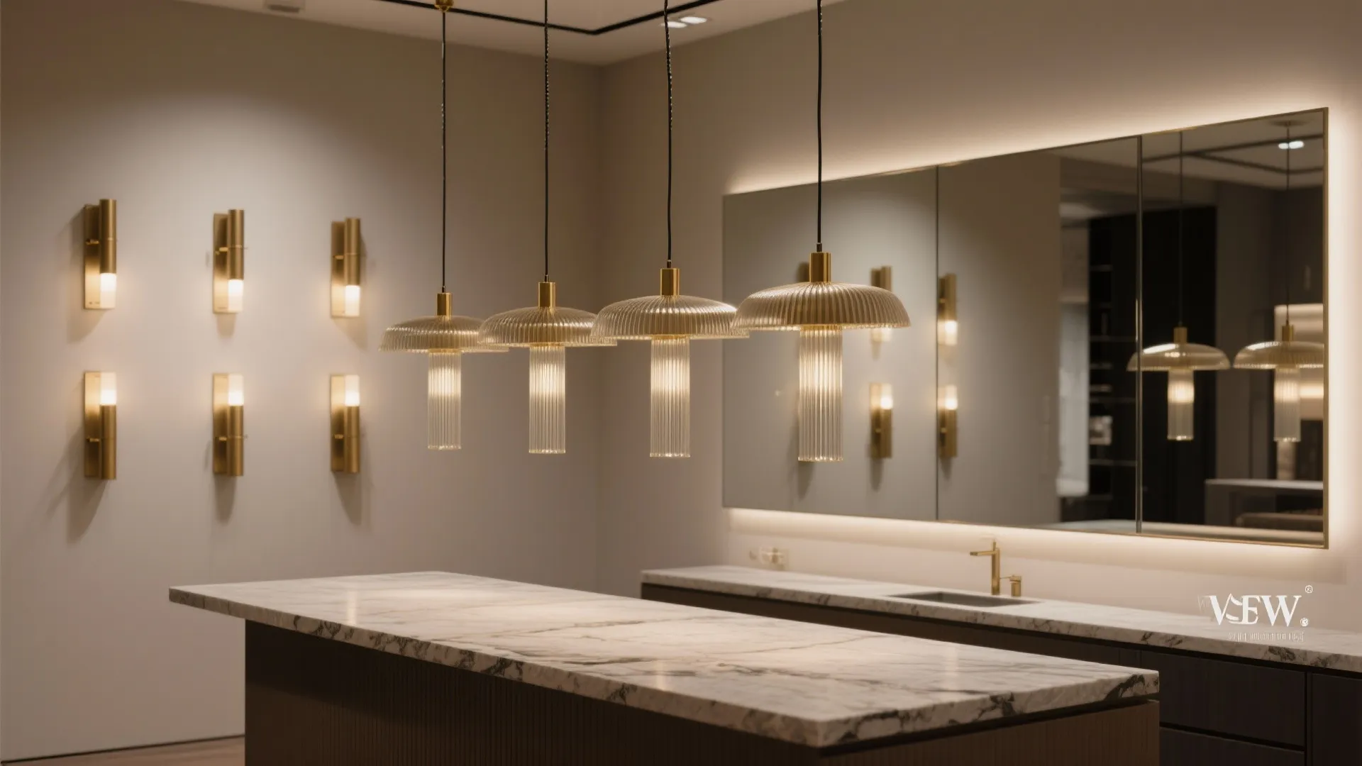 Staggered pendant cluster over a faux island with rhythmic brass sconces and a controlled reflective panel.