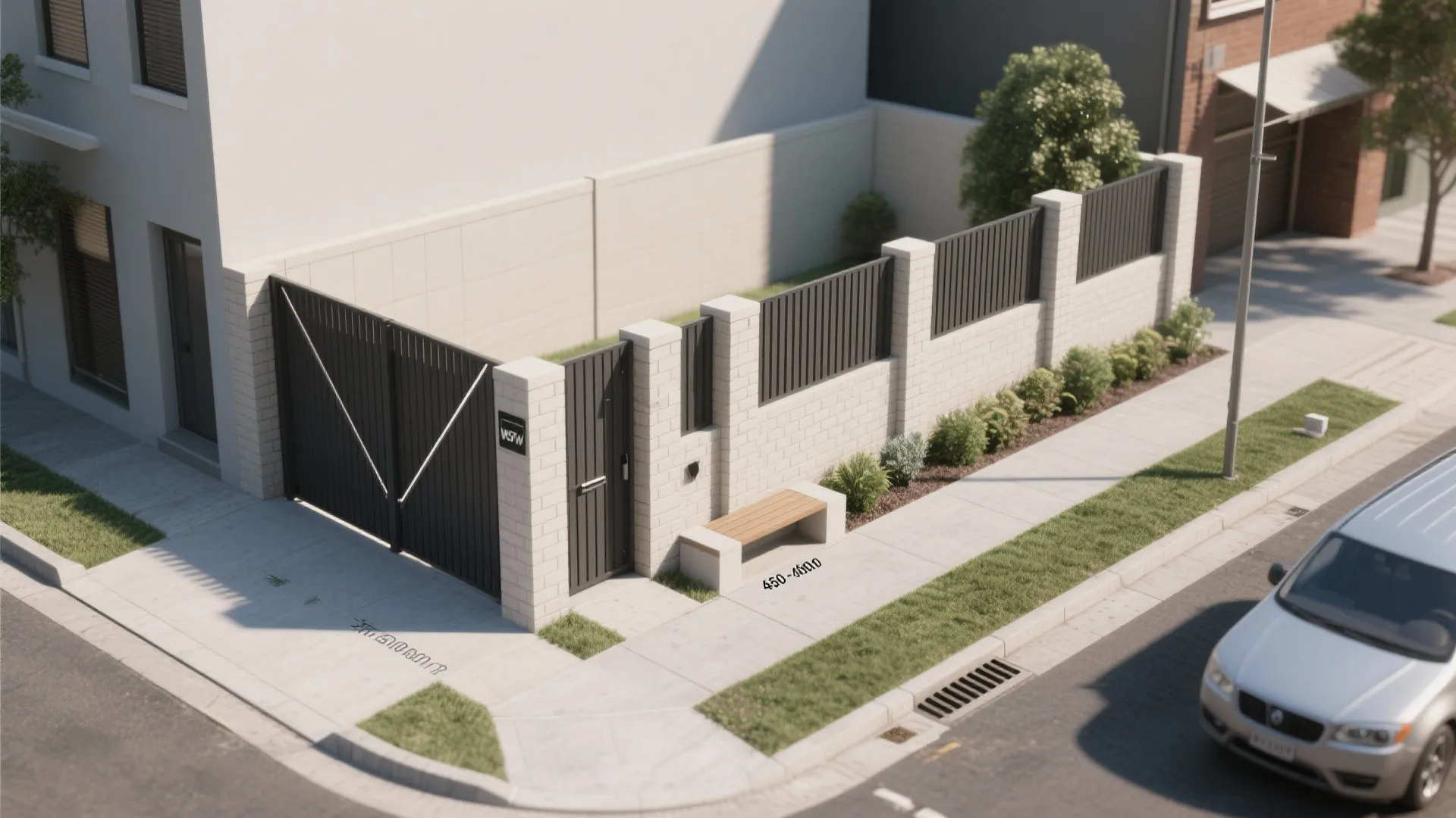 Interior design drawing showing white stone wall with black fence and wooden bench on the sidewalk