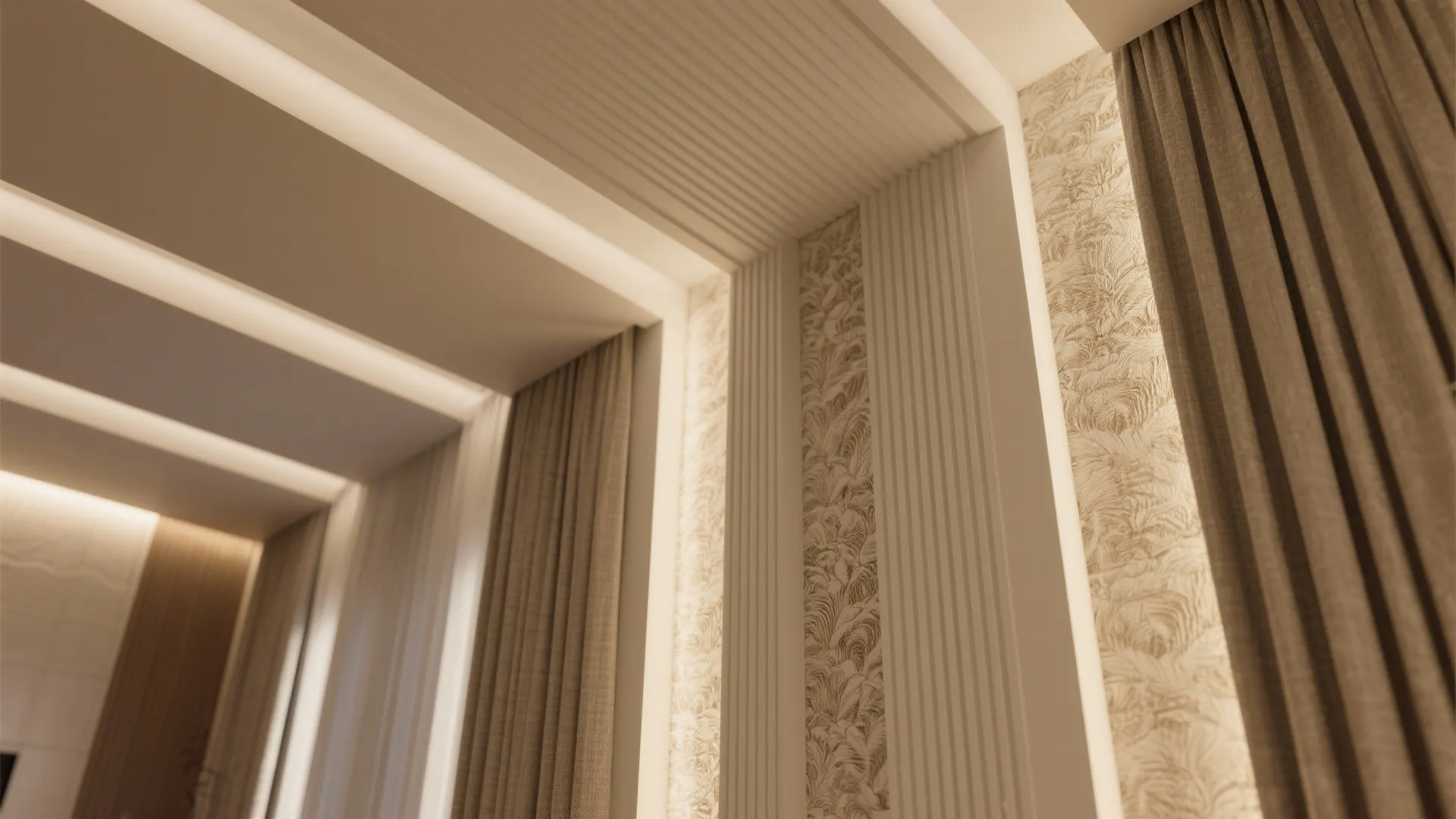 Close up view of luxury white wall panel design with warm lighting and brown curtain
