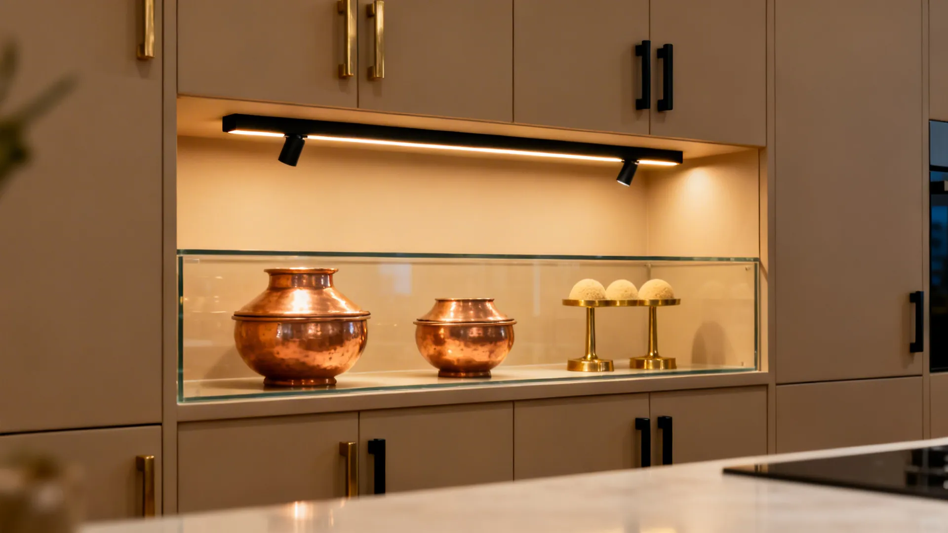 5) Soft lighting, matte hardware, and display for Indian heirlooms