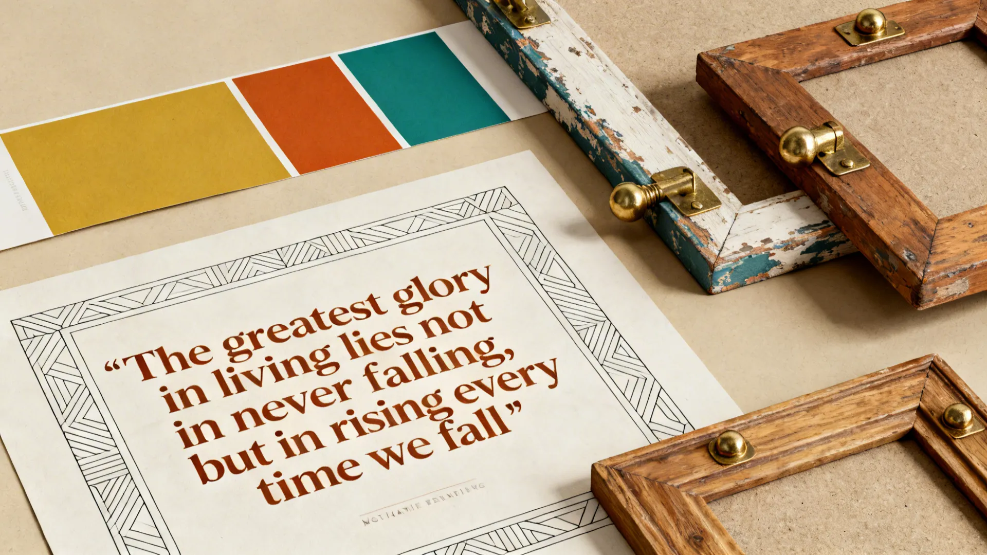 Flatlay of vintage serif quote print, modern frame mockup, and material swatches for an eclectic wall piece.