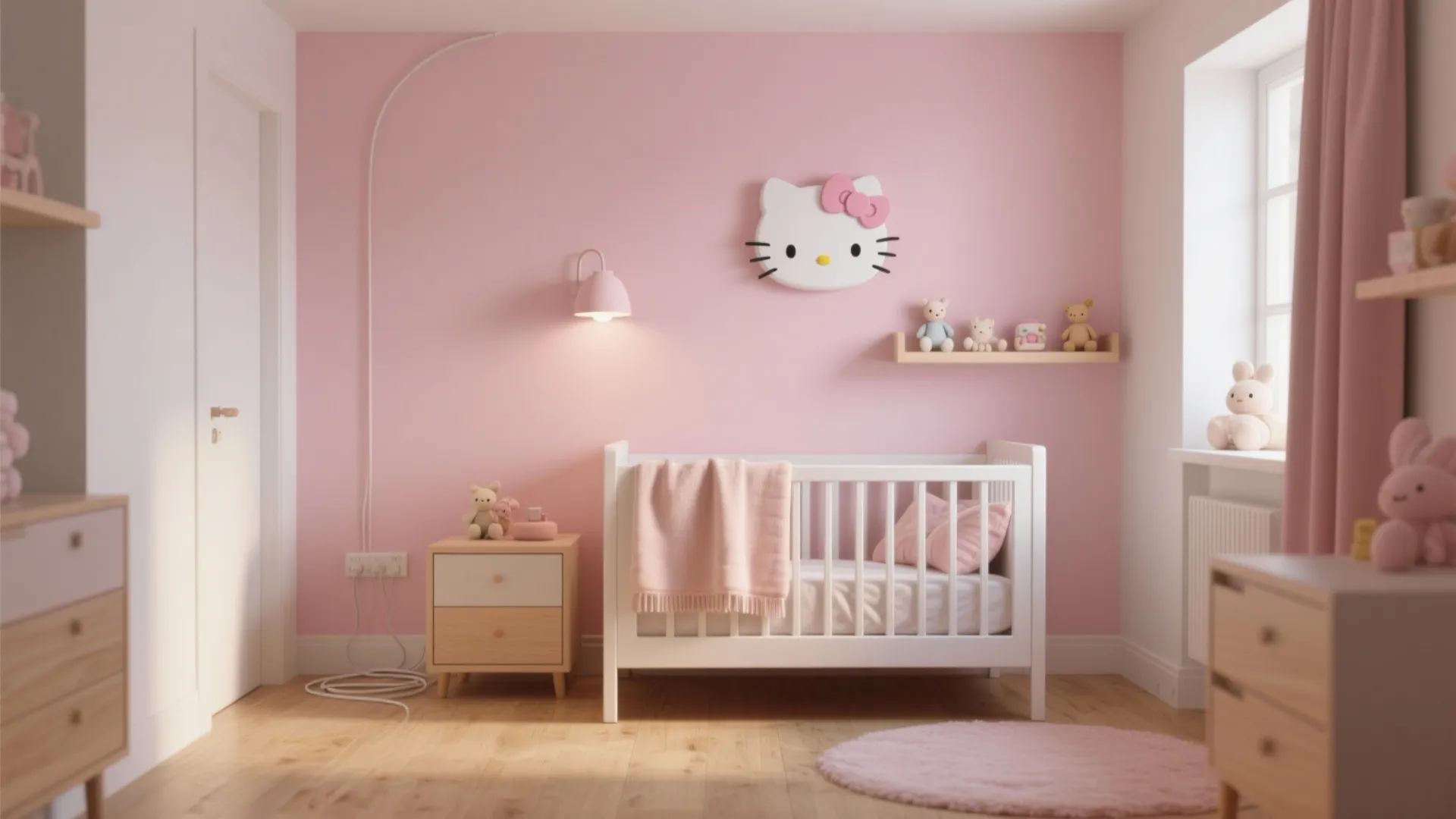 Pink baby room with white crib wooden floor cute cat wall decor and pink rug