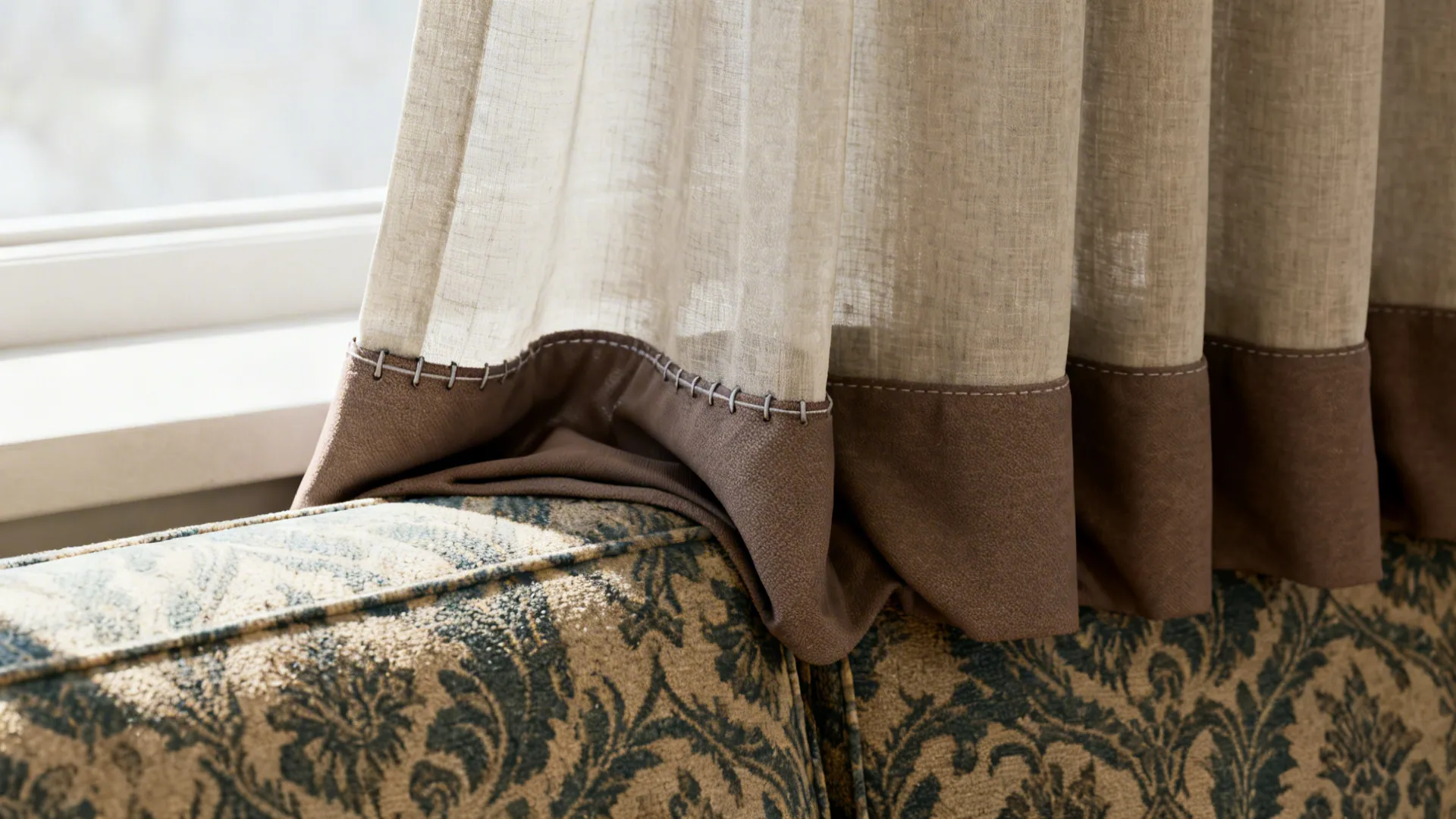 Bottom edge of beige curtain with brown border resting on patterned sofa near large room window