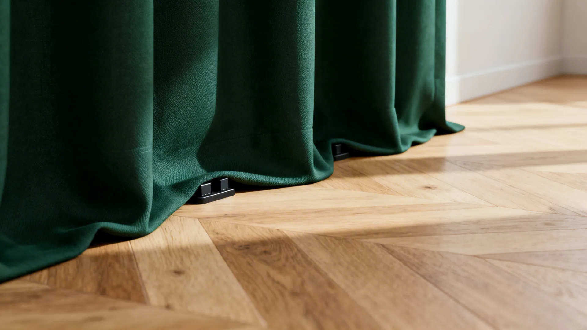 Dark green curtain hem barely touching a light oak floor with minimal hardware visible.