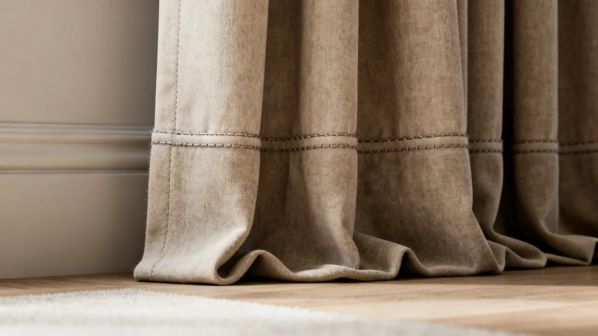 Close-up of curtain hem and pleat construction showing reinforced header and fabric drape