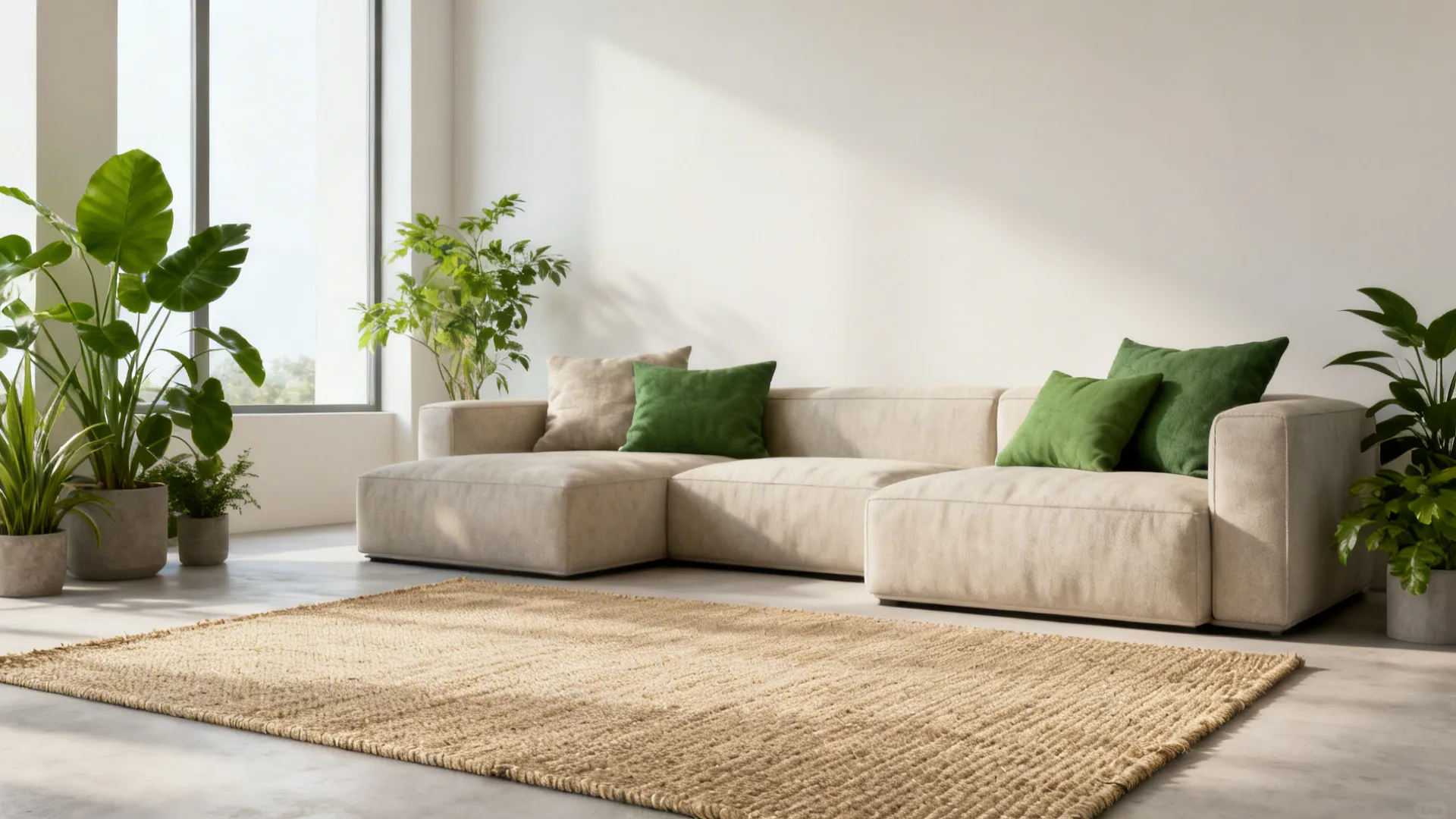 Minimalist living room with a durable hemp rug and soft pillows