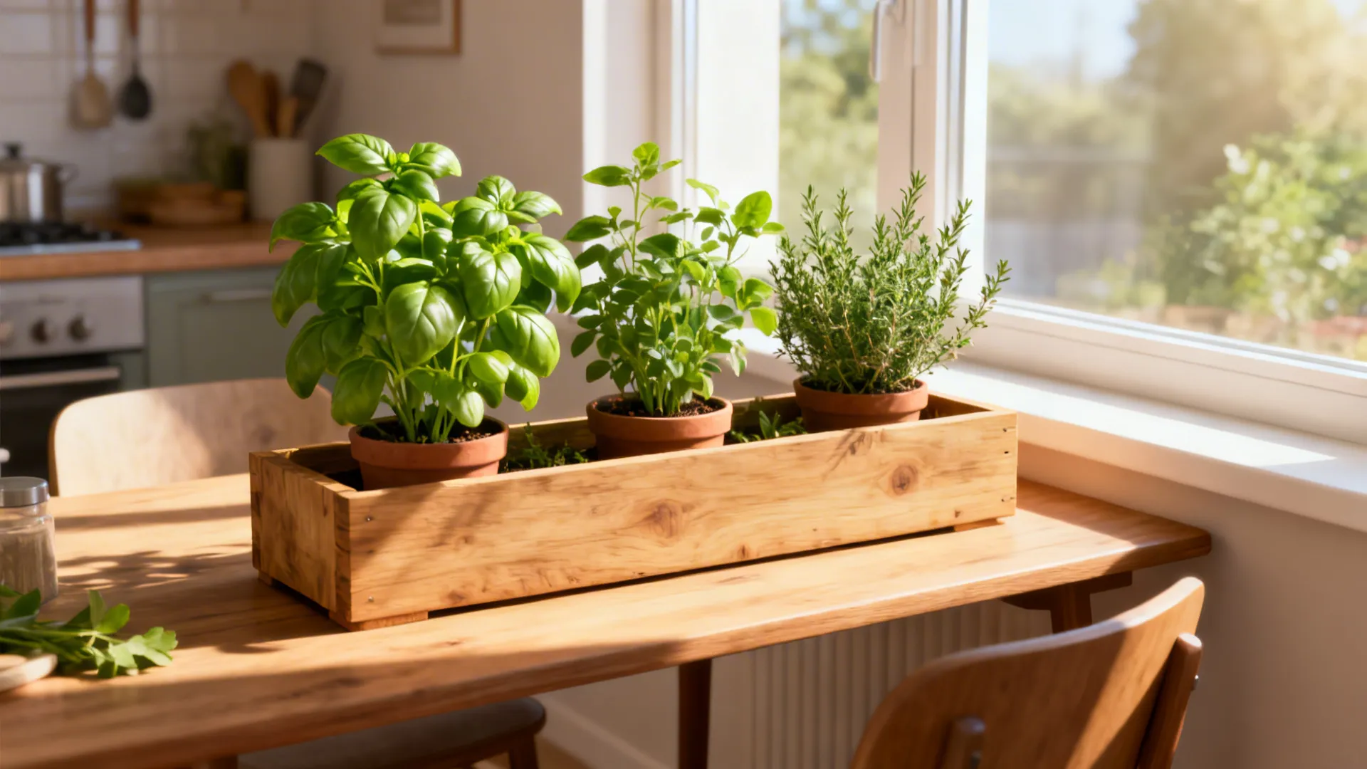 Narrow wooden planter box with basil and thyme on a small dining table by a window