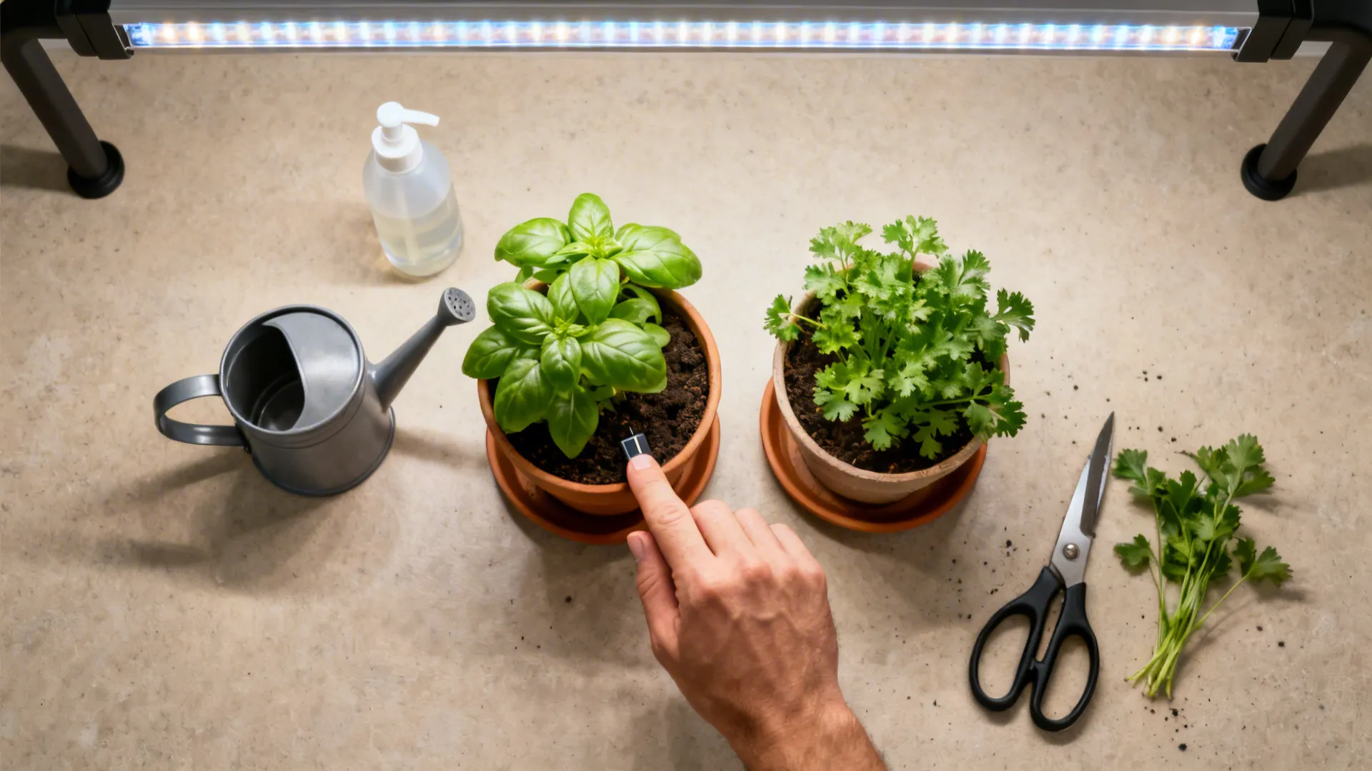 Top-down view of herb care tools and potted basil and parsley on a clean countertop.
