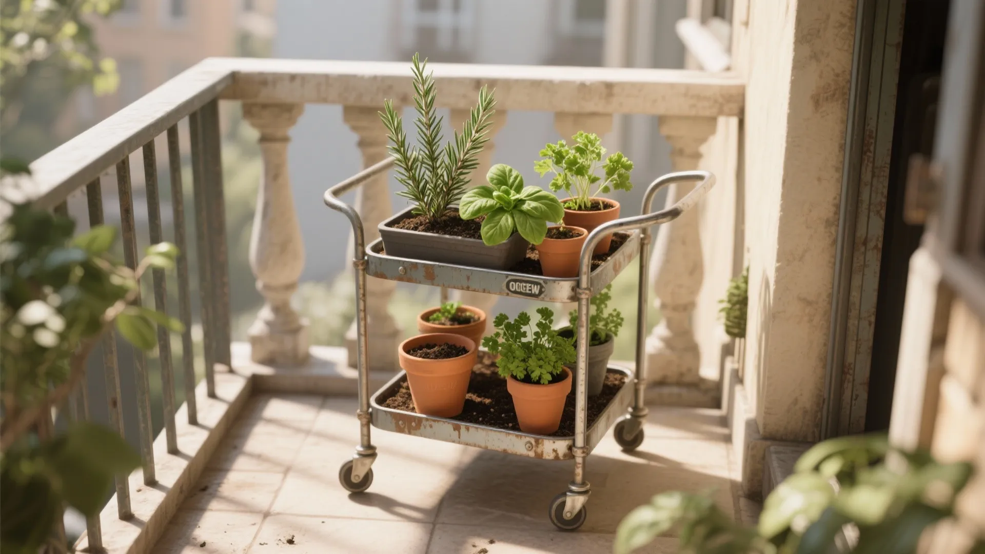 2. Container herb garden on a cart