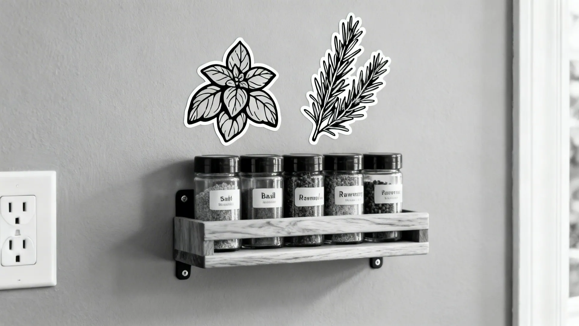Macro view of monochrome herb line-art decals above a magnetic spice rack on a matte wall.