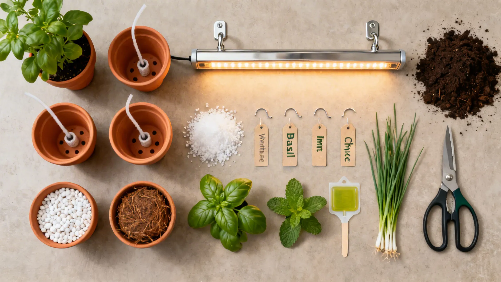 Flatlay of herb garden tools: pots, wicks, LED bar, hooks, soil mix, and shears.