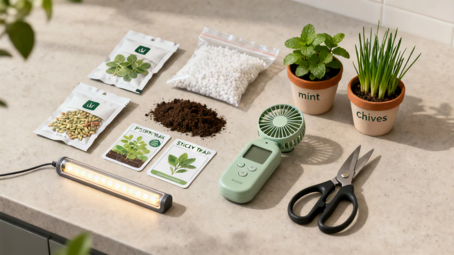 Flat-lay of herb gardening tools and materials for small indoor kitchens in soft daylight.