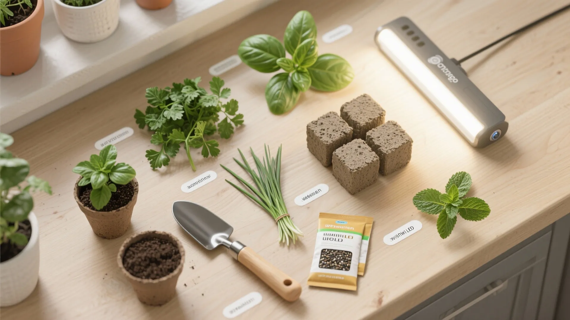 Indoor herb garden setup with small pots soil trowel seeds plant light and fresh green plants