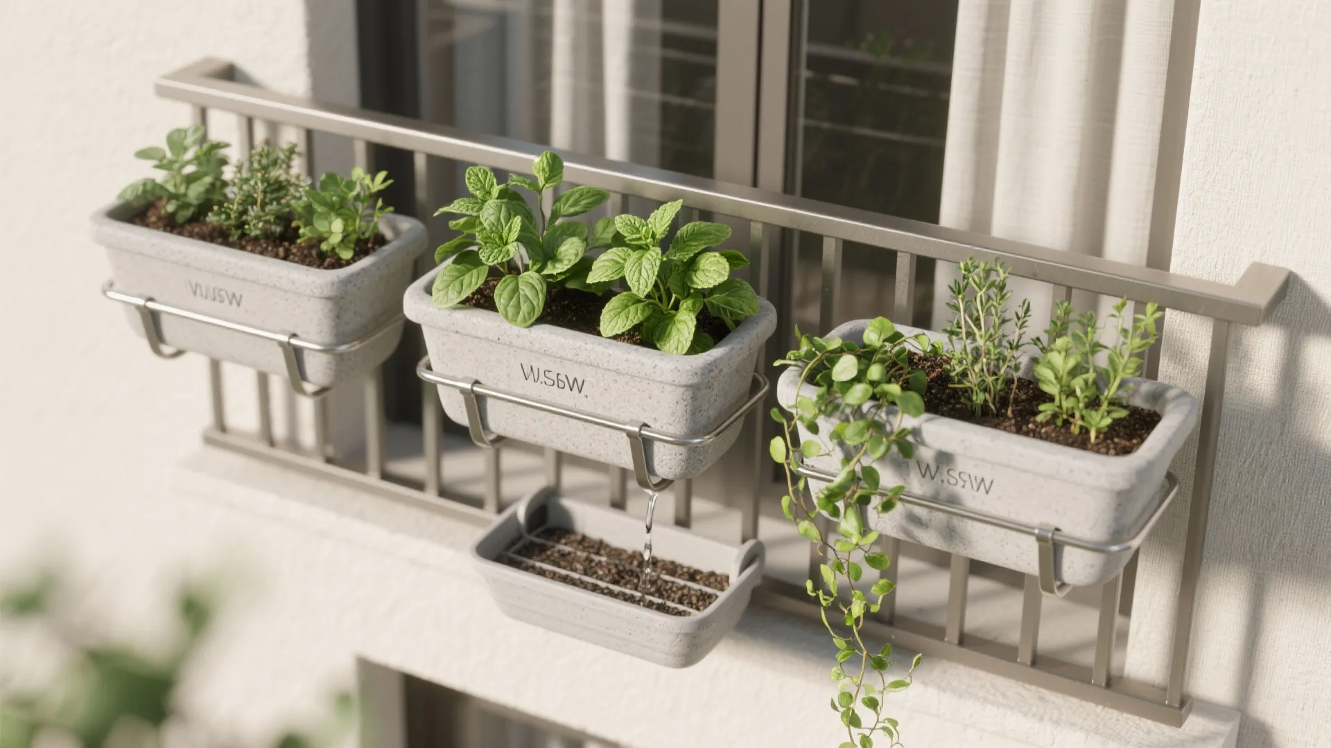 Three small grey rectangular plant pots with green herbs hanging on a metal balcony railing
