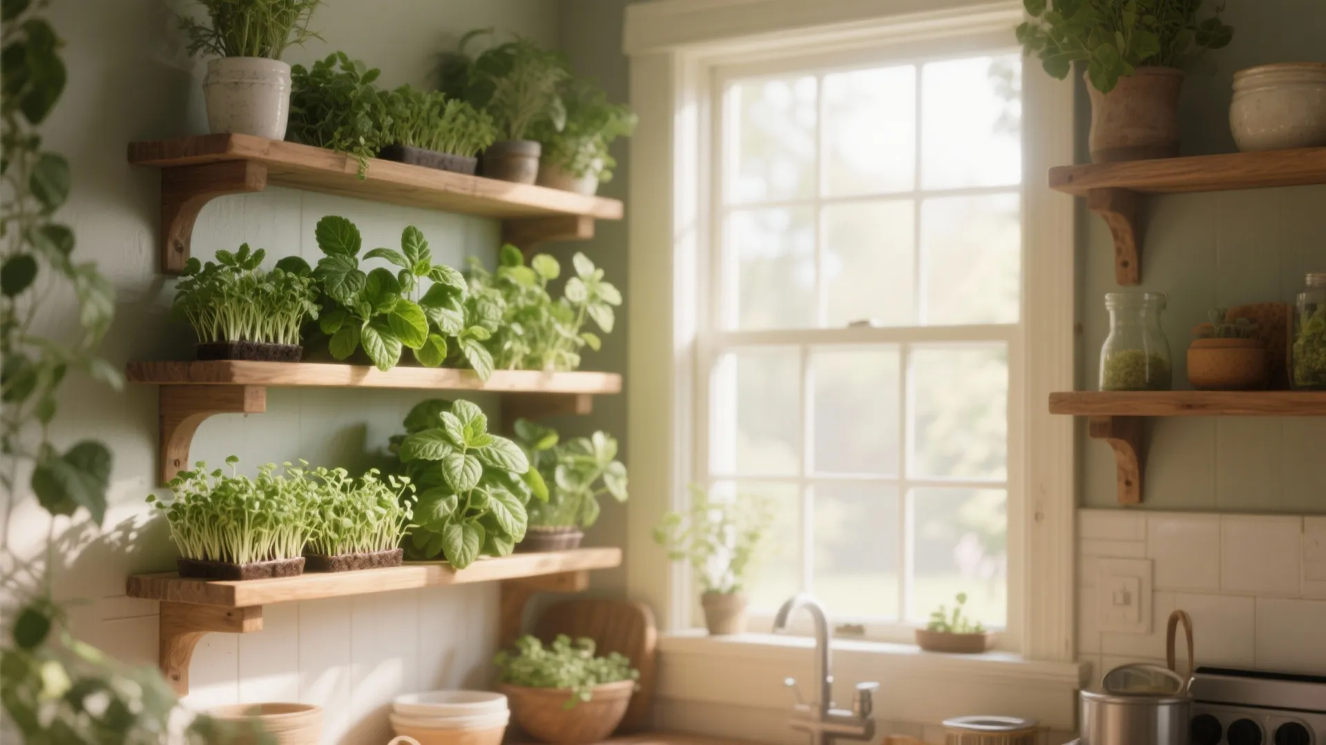 Kitchen herb garden with green plants on wooden wall shelves next to a bright window