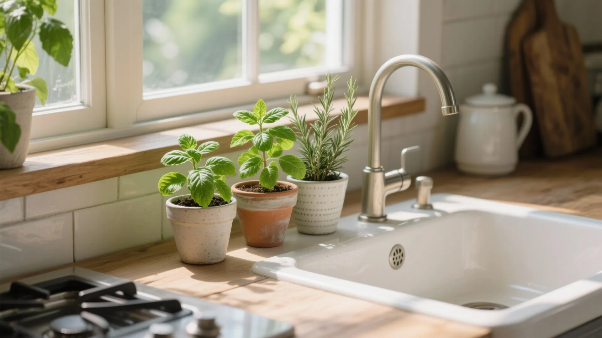Fresh herb pots on a kitchen window ledge above the sink