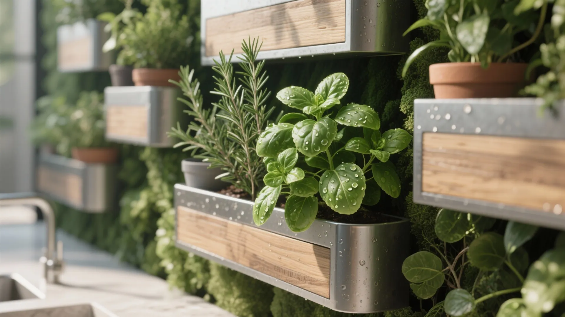 Green kitchen wall featuring fresh herbs growing in modern wood and metal wall mounted planters