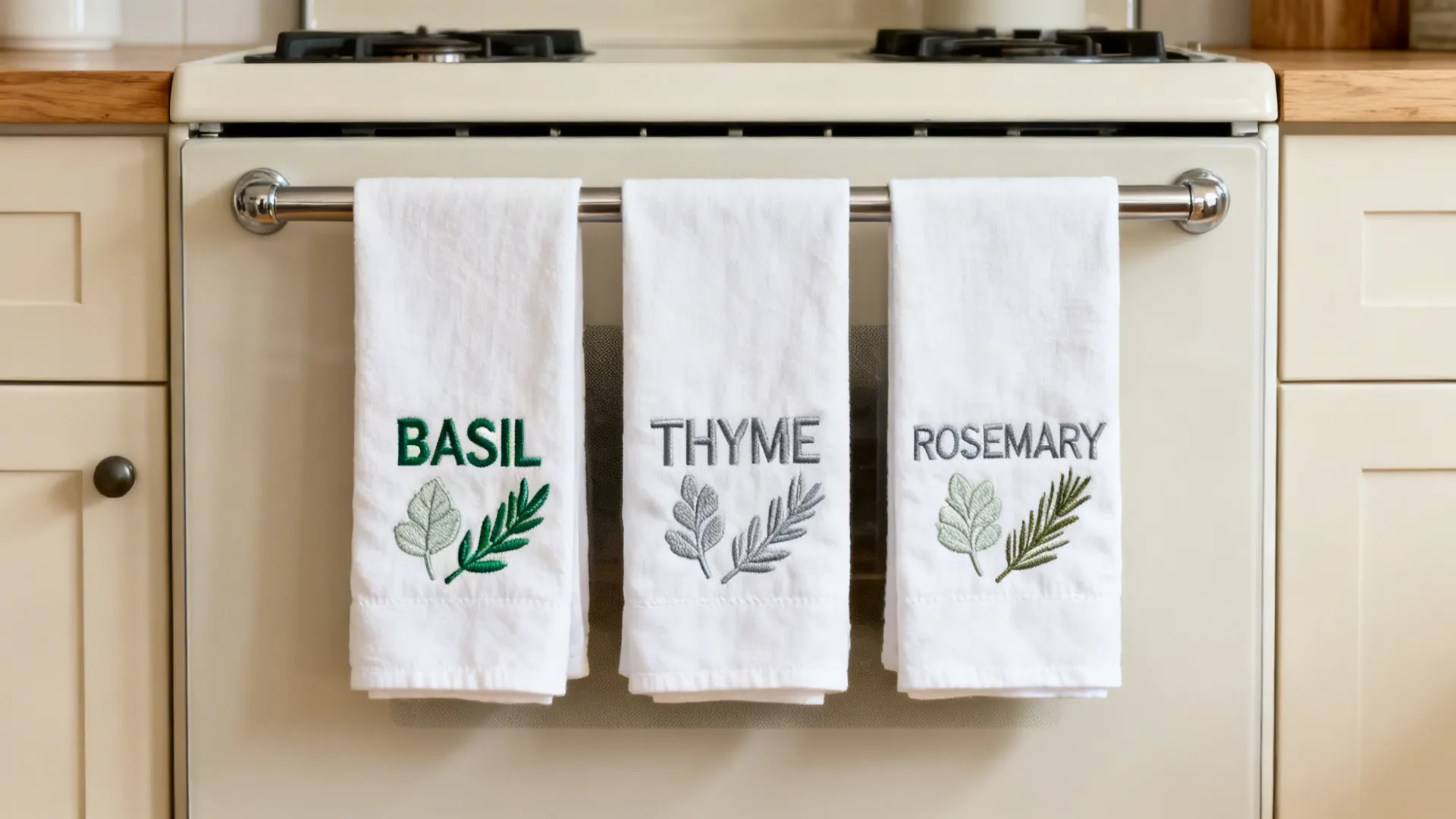 Three white kitchen towels with embroidered herb names hanging on a white oven door handle