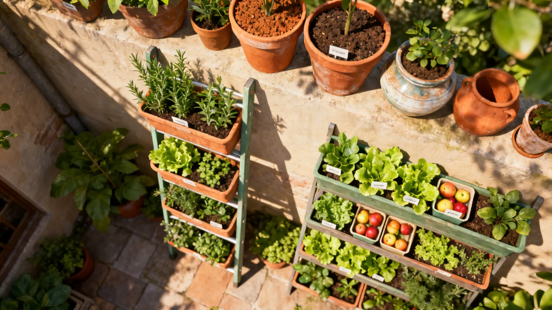 Herb ladder and tiered planters with herbs and salad greens in a compact courtyard.
