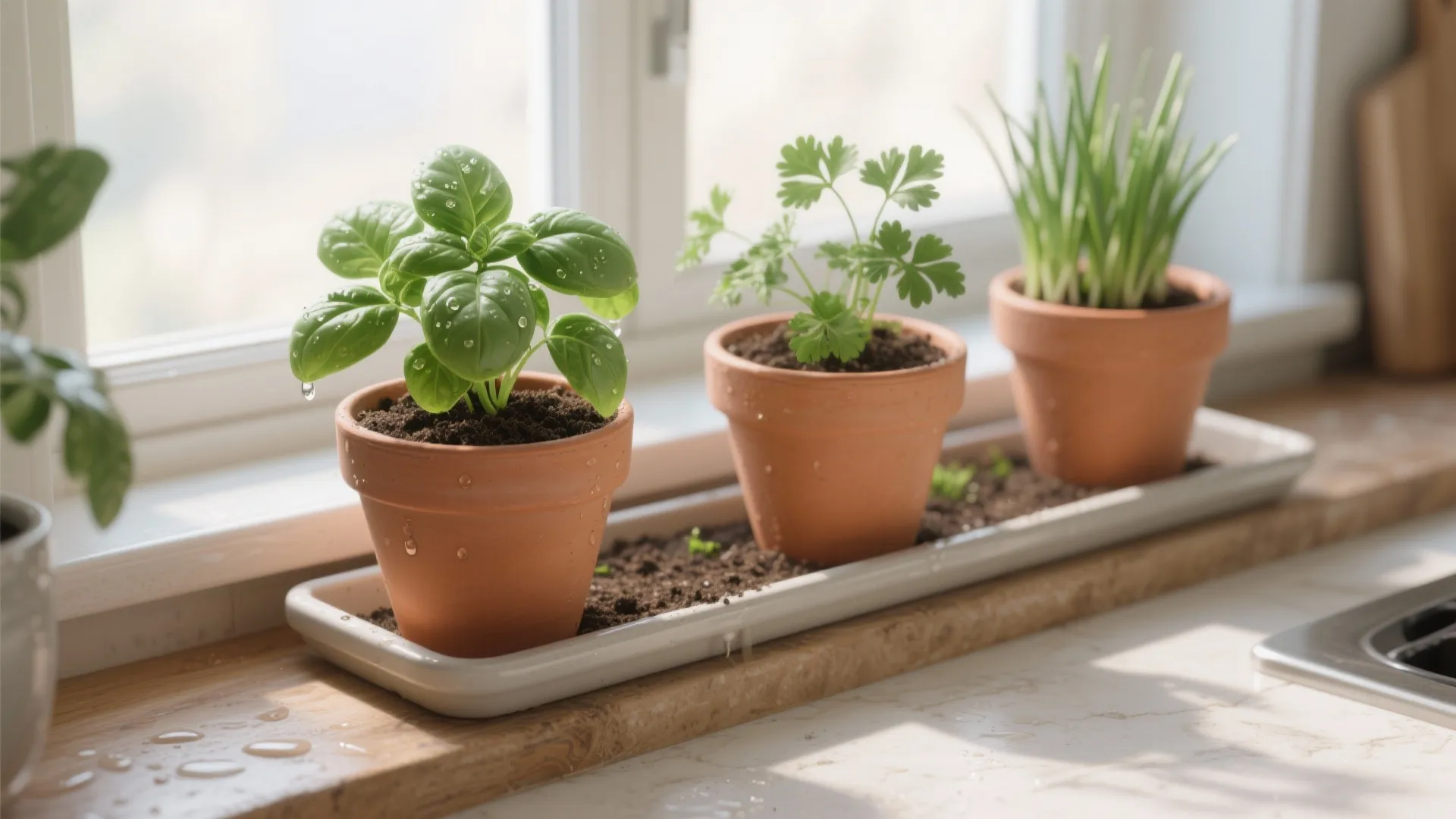 Close-up of a kitchen sill herb ledge with shallow pots of basil, parsley and chives and a drip tray.