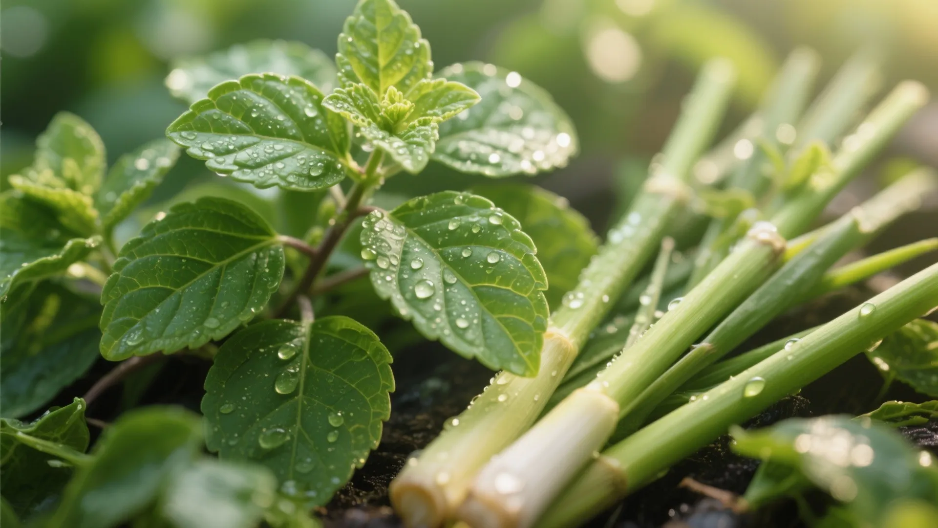Fresh green herb plant with water drops on leaves next to vegetable stems in bright sunlight