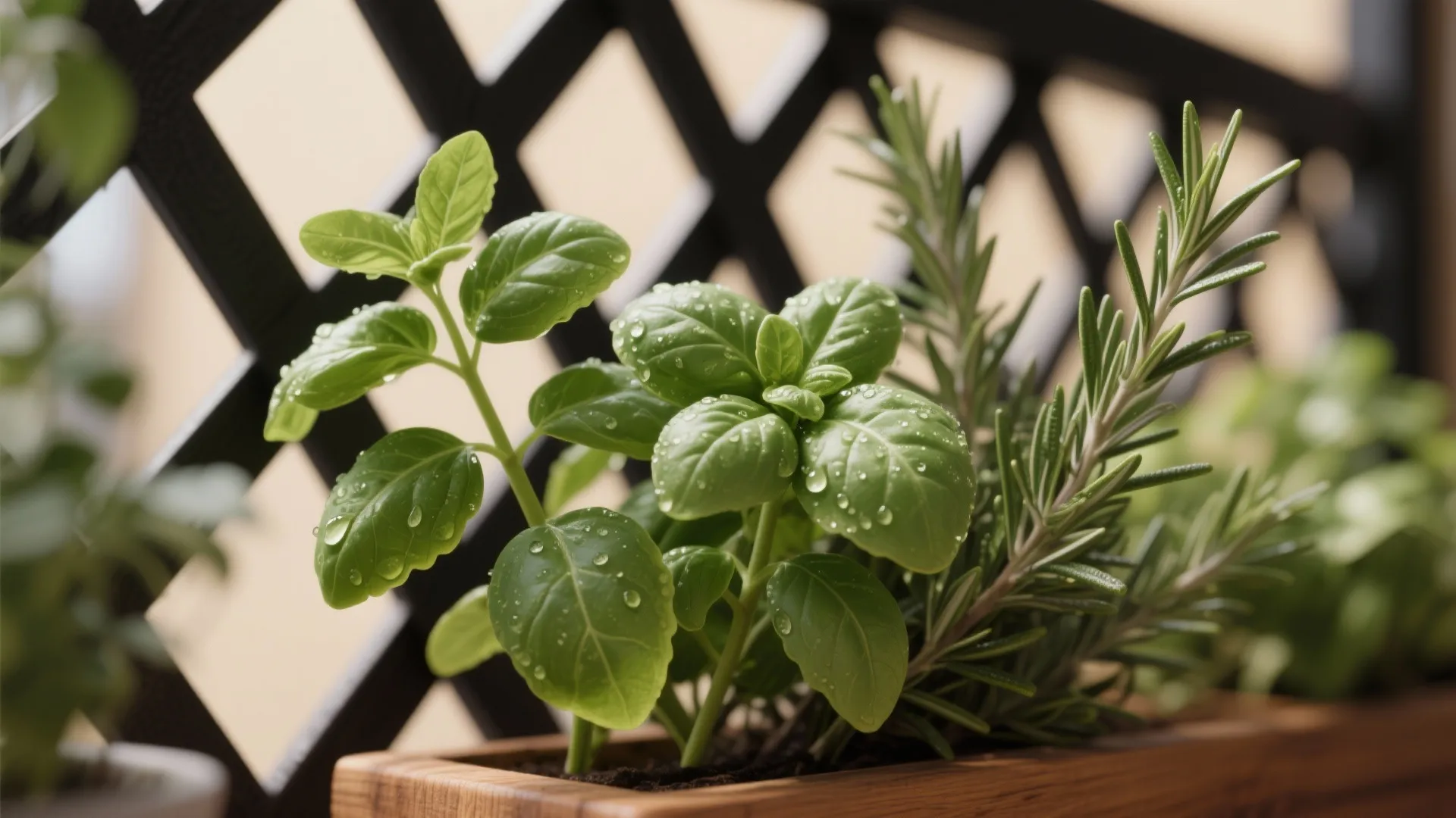 Close up view of green herbs with water drops in a wooden pot on balcony