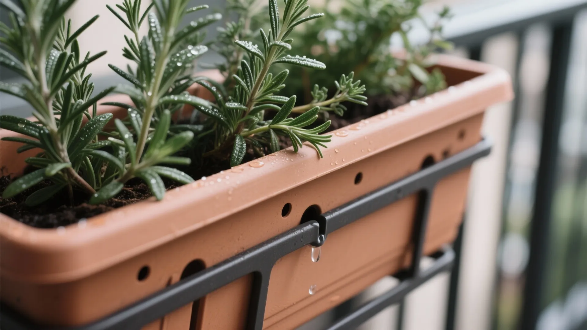 Close-up of herbs in a planter with drainage and self-watering insert.