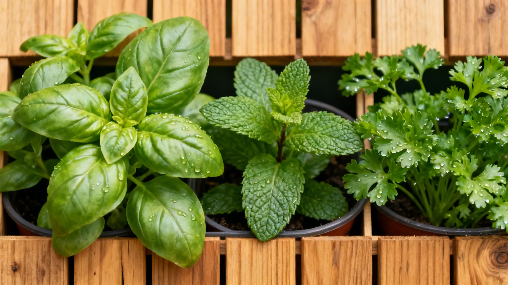 Macro detail of basil and mint in modular pots on a cedar slat herb wall.