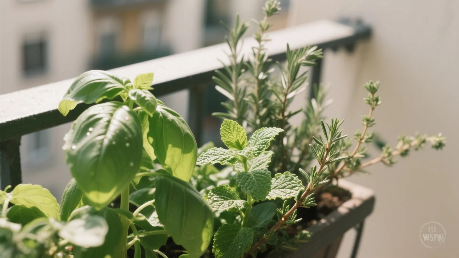 Close up of fresh green basil and rosemary herbs growing in planter box on apartment balcony