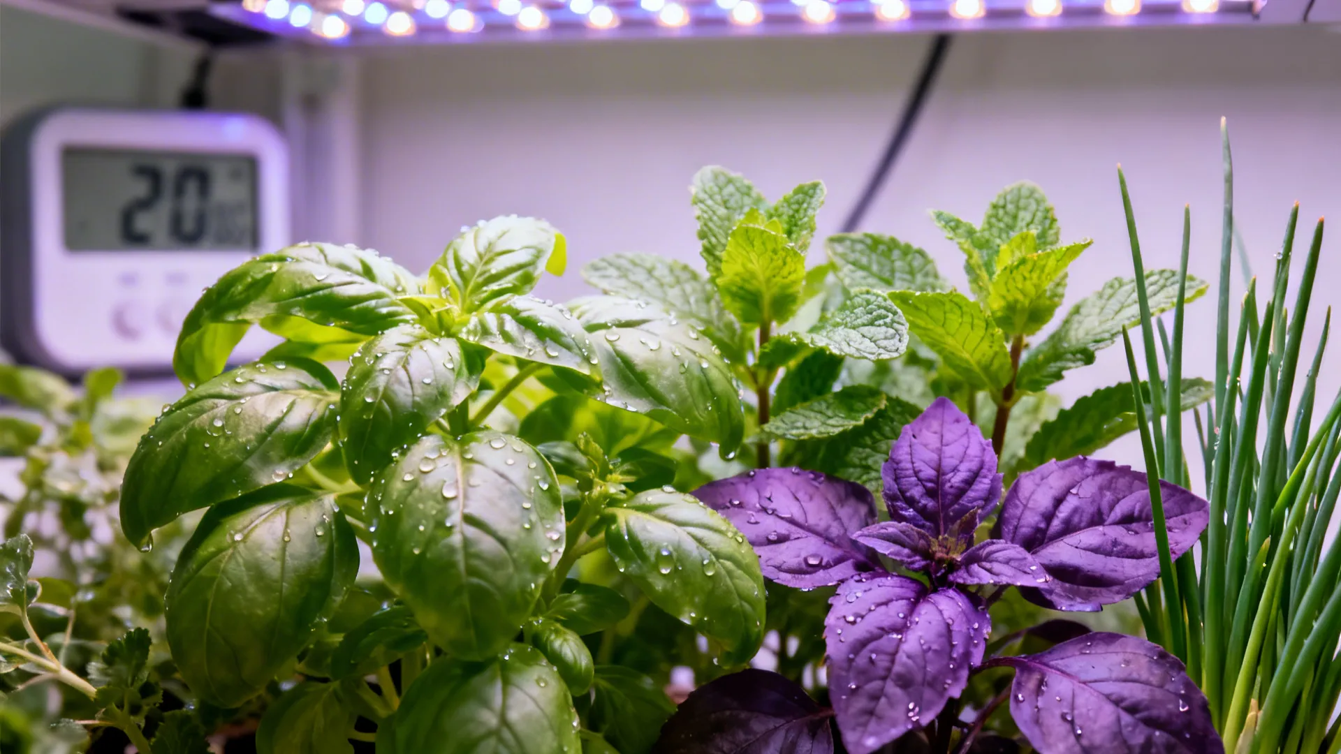 Close-up of green and purple basil leaves with water drops under an indoor grow light