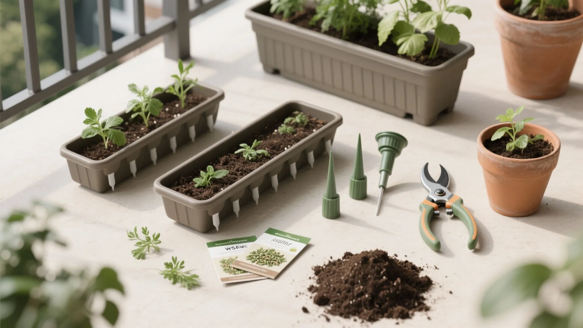 Flatlay of balcony herb gardening tools and rail planters with trays and watering spikes.