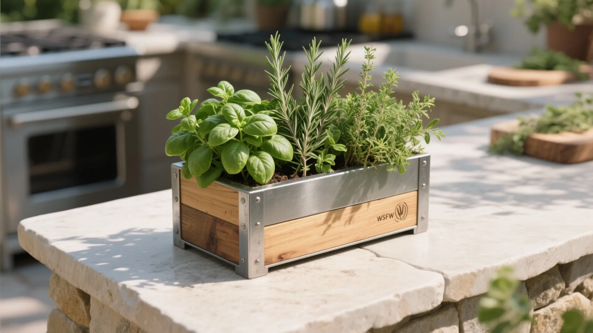 Wooden herb planter box with green basil and rosemary on a white stone kitchen countertop