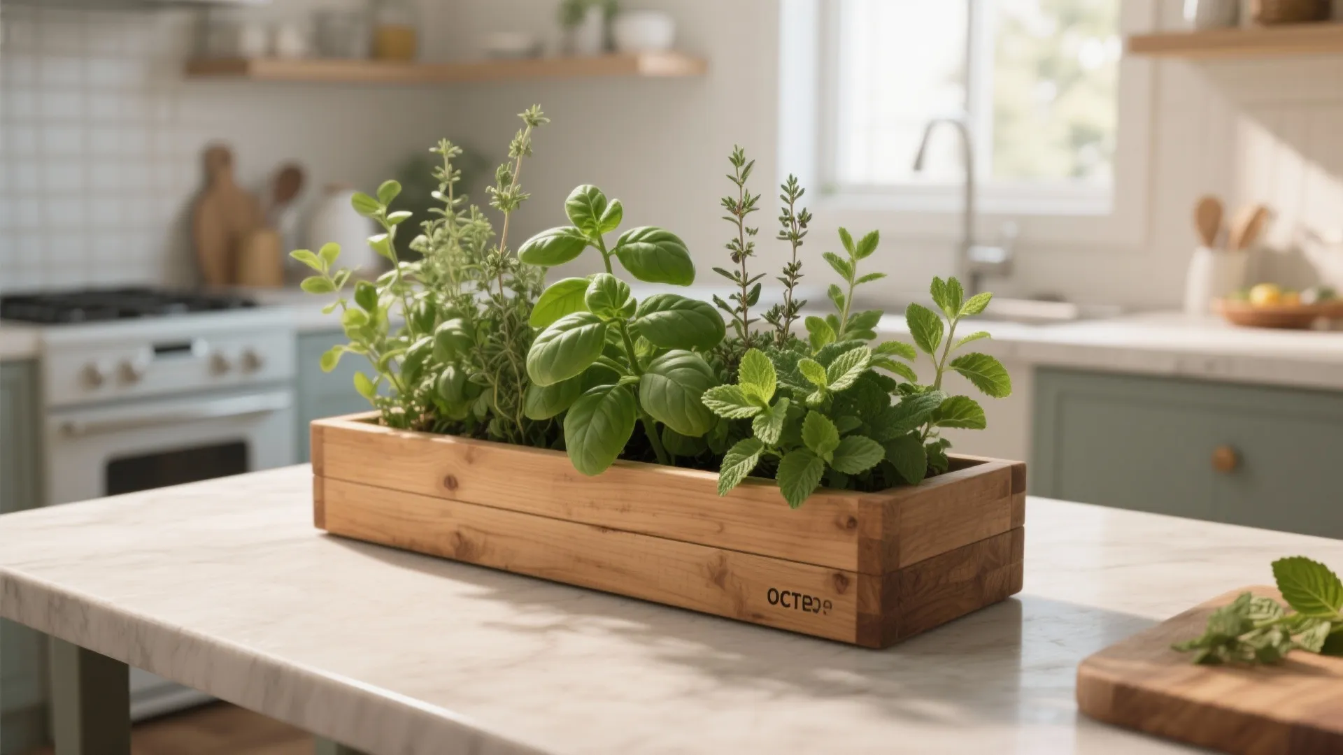 Small wooden herb planter box with fresh green basil and mint leaves on kitchen counter