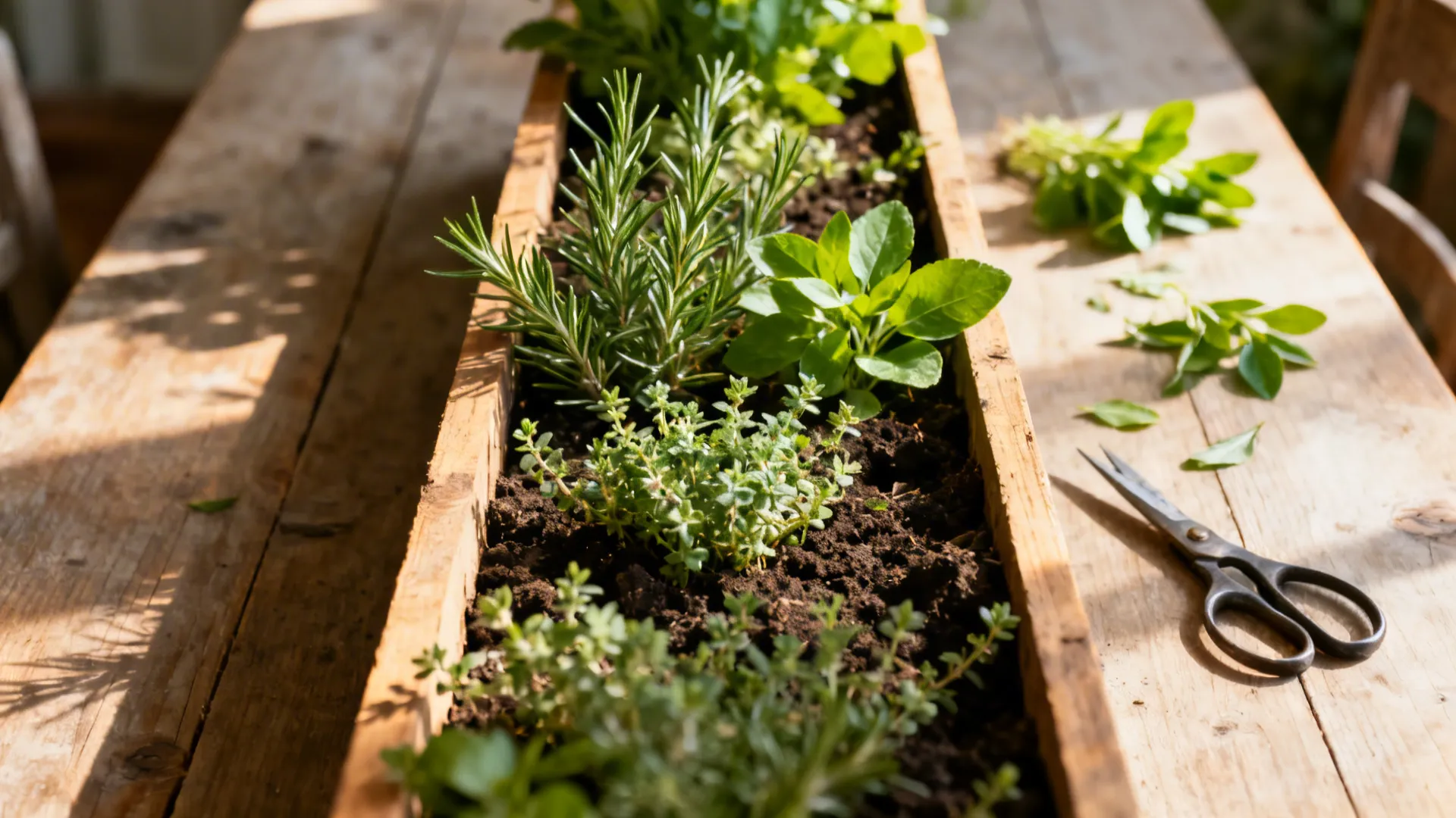 Narrow herb planter with rosemary and thyme running along the middle of a farmhouse table.