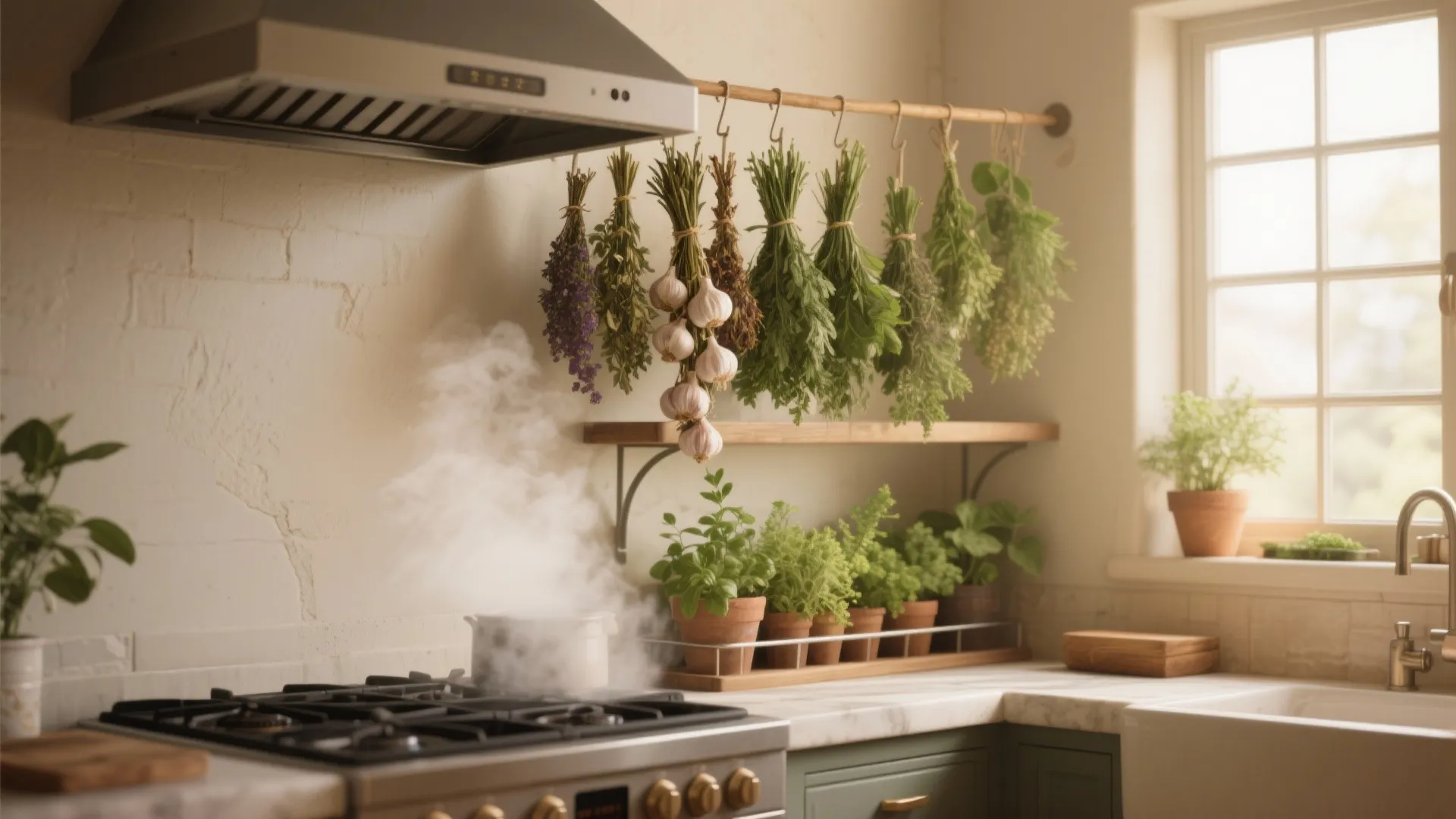 Cozy kitchen scene with steaming pot on stove hanging herbs wooden shelf and window light