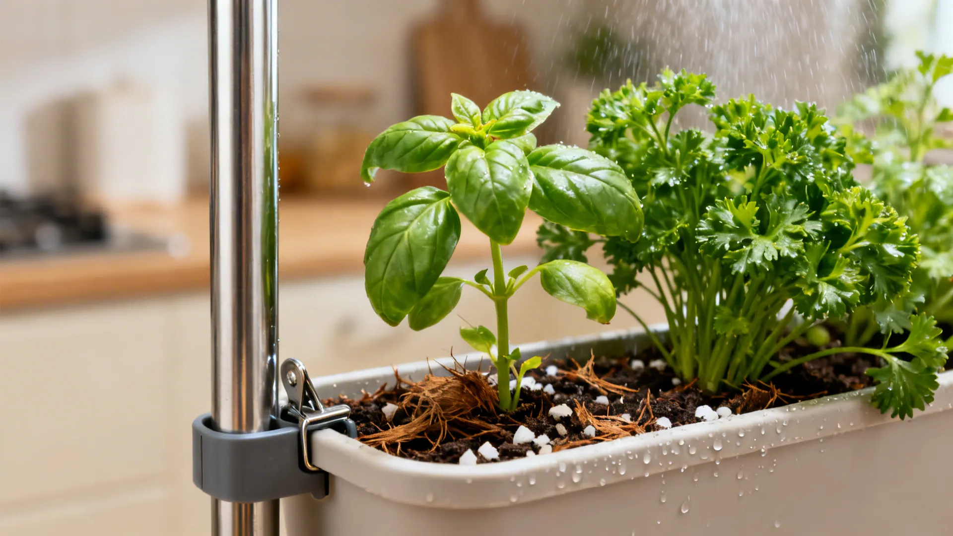 Fresh green herbs growing in a white indoor planter box attached to a silver metal rail