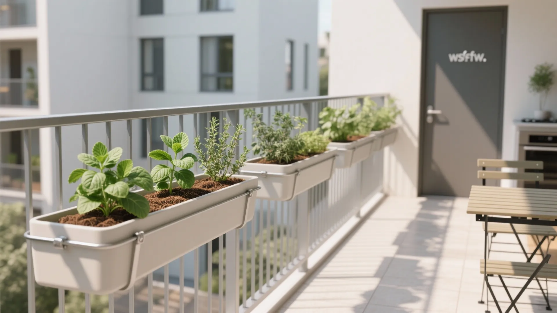 Linear herb rail with shallow planter boxes
