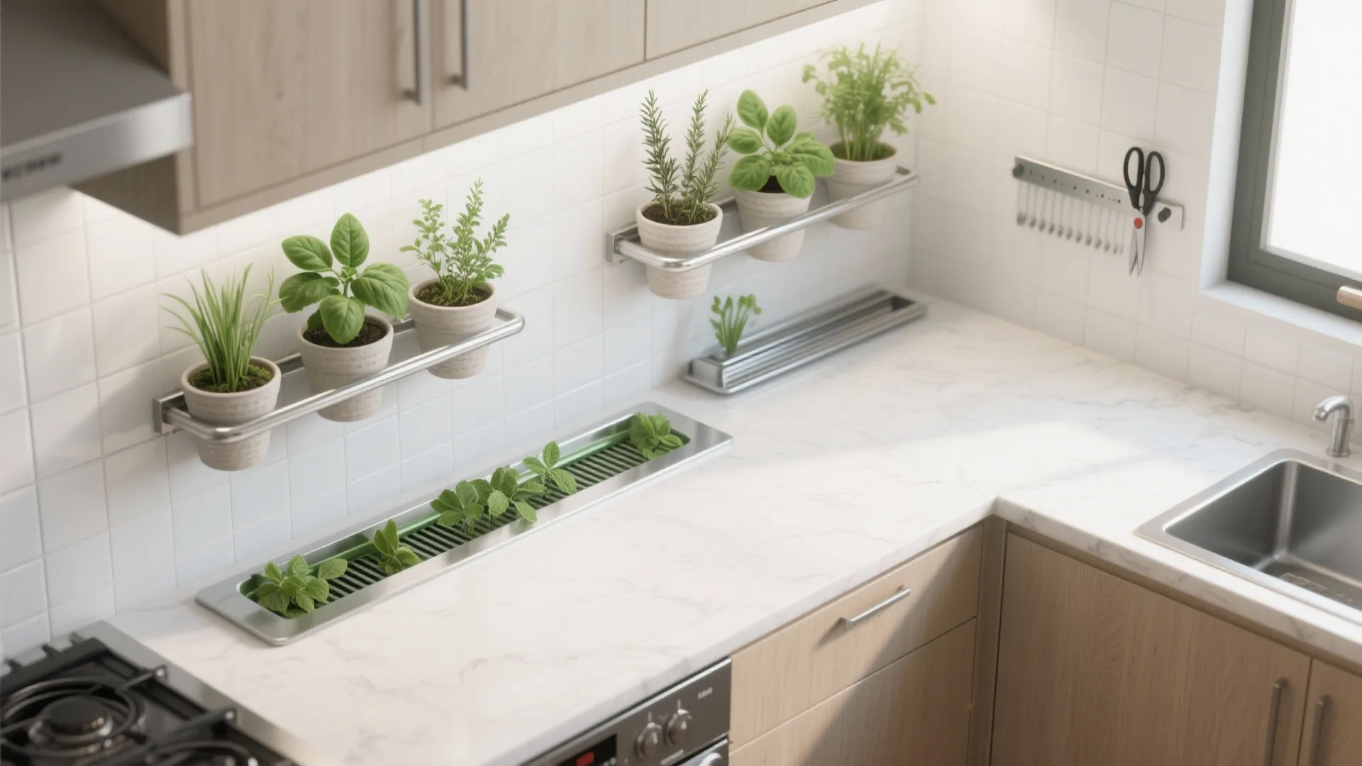 Modern white kitchen with marble countertop, potted green plants on wall rails, and herb planter