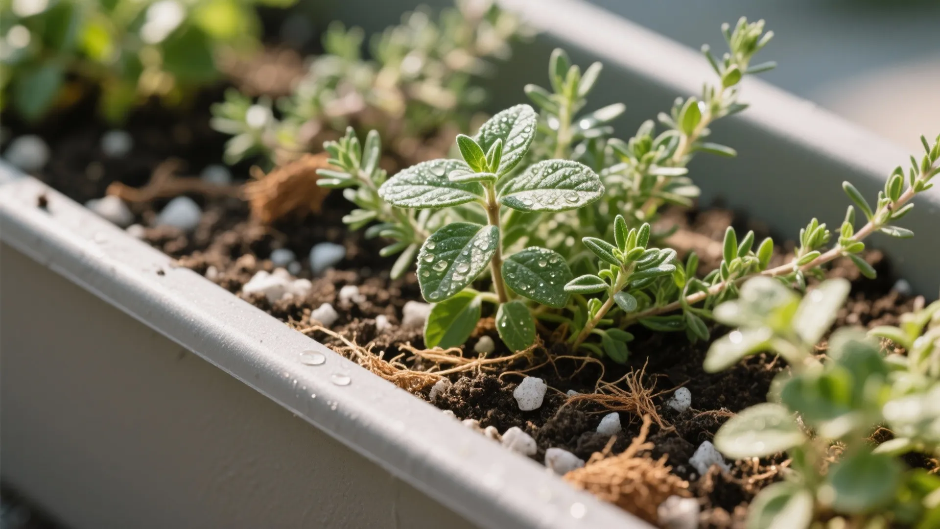 Linear herb rail with shallow planter boxes