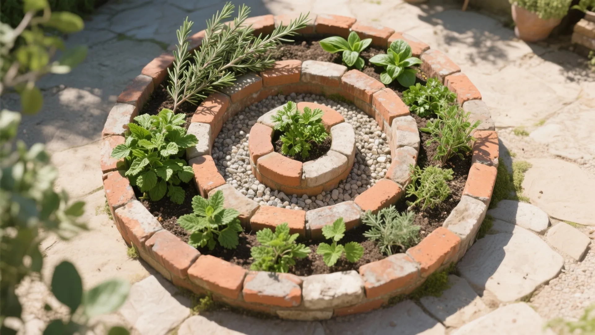 Circular garden bed made of red bricks containing green herbs and grey stones on floor