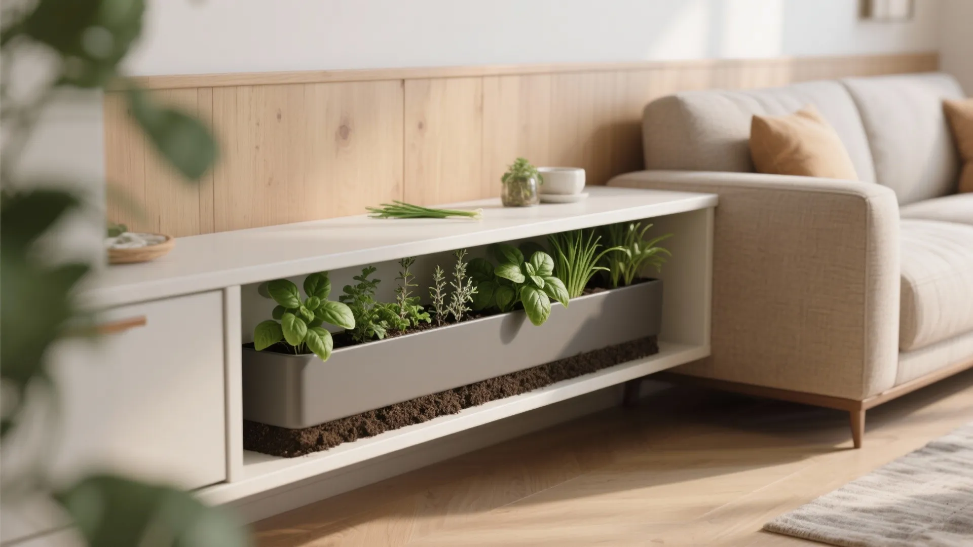Herb Station and Living Planters Near the Sofa